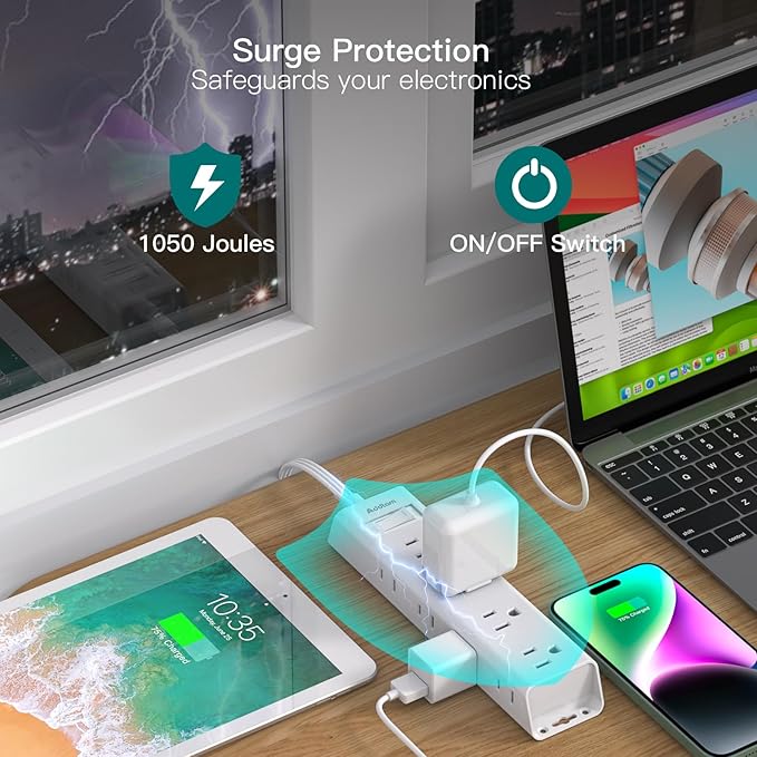 6Ft Extension Cord - Surge Protector Power Strip, Flat Plug, Addtam 12 Widely 3 Sides Outlet Extender, Wall Mount, Desktop Charging Station for Home Office College Dorm Room Essentials