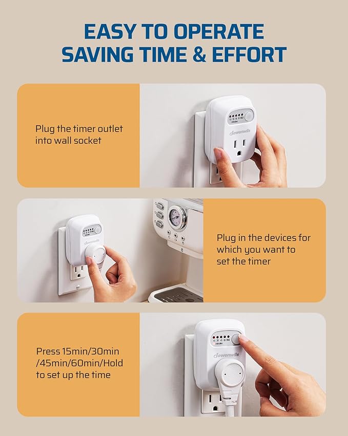 DEWENWILS Indoor Countdown Timer Outlet, 15/30/45/60min Settings, Auto Shut Off Safety Outlet for Curling Iron, Steam Iron, Cell Phone, 125V/15A Resistive/1000W Tungsten, Grounded, 3 Prong, 1/3 HP