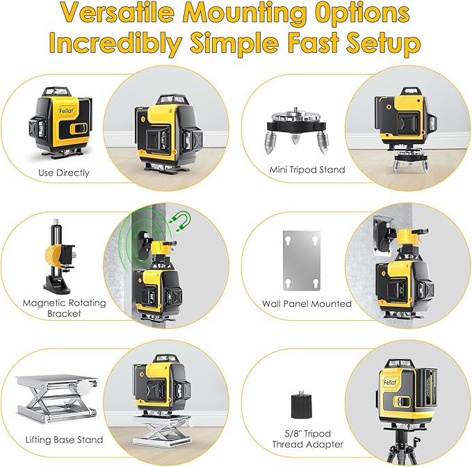 Laser Level, FELLAT 4x360°4D 16 Lines Laser for Construction, Two 360° Vertical and Two 360°Horizontal Green Cross Line Laser with Pulse Mode, Remote Controller and Two Rechargeable Battery