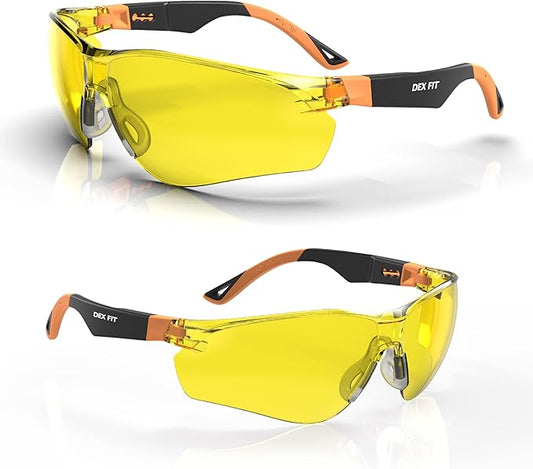 DEX FIT Safety Glasses SG210, Z87 Eye Protection, Anti-Fog & Scratch Resistant, Adjustable for Women and Men, Blue Light Blocking & UV Protection (Black & Orange Frame, Yellow Lens)