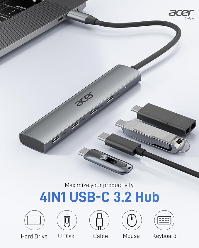 Acer USB C Hub, 10Gbps Type C Splitter with 4 USBC 3.2 Port, High Speed Type C Multiport Adapter for MacBook Air/Pro, iPhone 16/15, iPad, Surface Pro and More 【Not Support Charging or Video Output.】