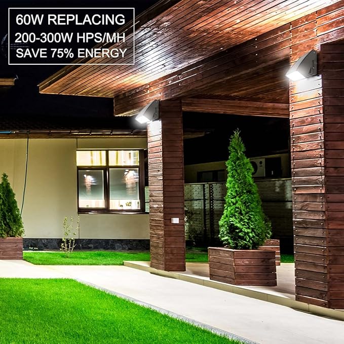 DAKASON (2 Pack) 60W LED Wall Pack, Dusk-to-Dawn Photocell, Adjustable Head, Full Cut-Off Security Light, 5000K 6600lm Replaces 200-300W HPS/HID IP65 Waterproof Outdoor Lighting Fixture, ETL Listed