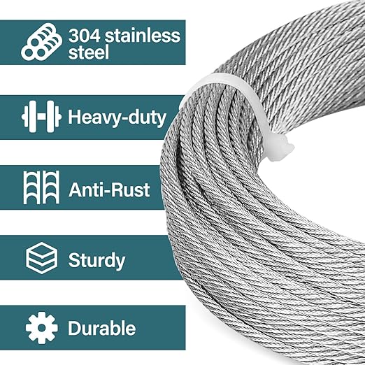 3/16 Wire Rope, 200ft 3/16 Stainless Steel Cable Wire, 7x19 Strand Aircraft Cable Wire Rope Kit, 3700lbs Breaking Strength with 3/16 Cable Clamps,Thimble for Deck Railing Shade Sails String Lights