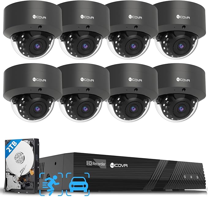 4COVR 8 Camera Security System, 8X 5MP IK10 Vandal-Proof IP67 Dome PoE IP Camera with Audio, 8 Channel NVR 2TB HDD, AI Human Vehicle Detection & IR Night Vision, 24/7 Home Recording, LY54AB5M0808