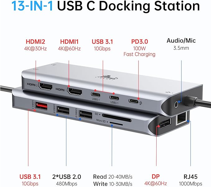 LIONWEI Laptop Docking Station 13 in 1 - Dual HDMI+DisplayPort+10Gbps, 6 USB C/A, 100W PD, Ethernet, SD/TF, Audio, USB C Hub for MacBook/Dell/HP/Surface