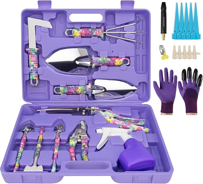 Garden Tool Set, 17-Piece Garden Tools with Floral Print, 304 Stainless Steel Garden Tools Set, Gardening Kit Gardening Gifts for Women, Purple