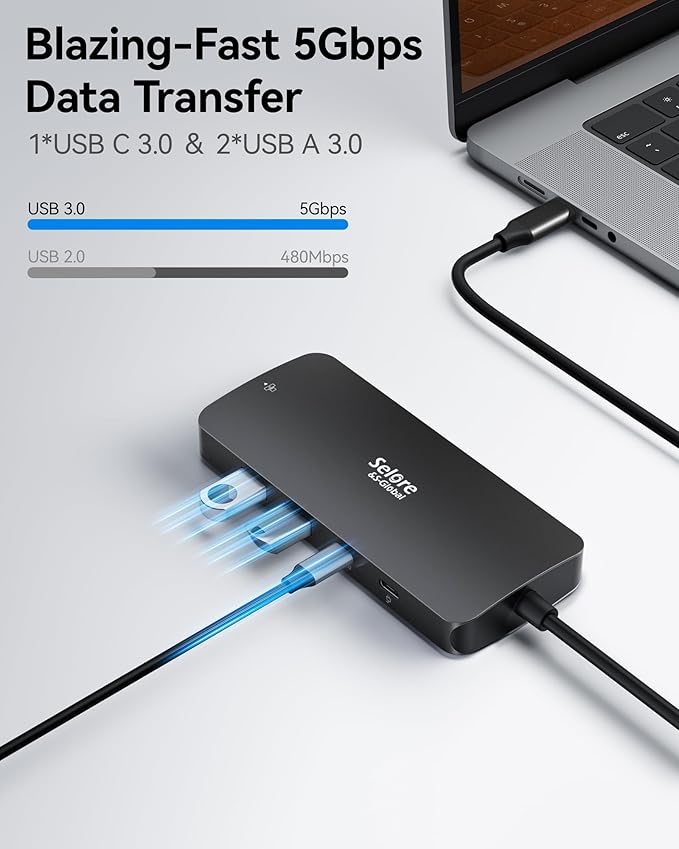 USB C Docking Station Dual Monitor, Selore Docking Station 3 Monitors Triple 4K Display with 2 HDMI, DisplayPort, 1 Gbps Ethernet, 100W PD Charging, USB 3.0 Ports Adapter for Dell, HP, etc(Black)