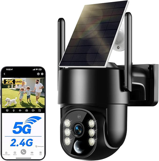 Solar Camera Outdoor Wireless, 2K Solar Outdoor Cameras for Home Security, Battery Powered Wire-Free 5g WiFi Camera, 360° View PTZ, Motion Detection Alerts, Spotlight Siren Alarm, Color Night Vision