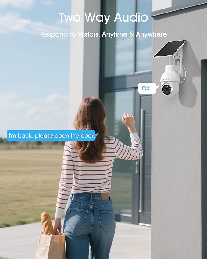 ANRAN 2K Solar Security Camera Wireless Outdoor, 360° Pan/Tilt Color Night Vision, PIR Human Detection, 2-Way Audio, Weatherproof, Compatible with Alexa, 2.4GHz WiFi Only
