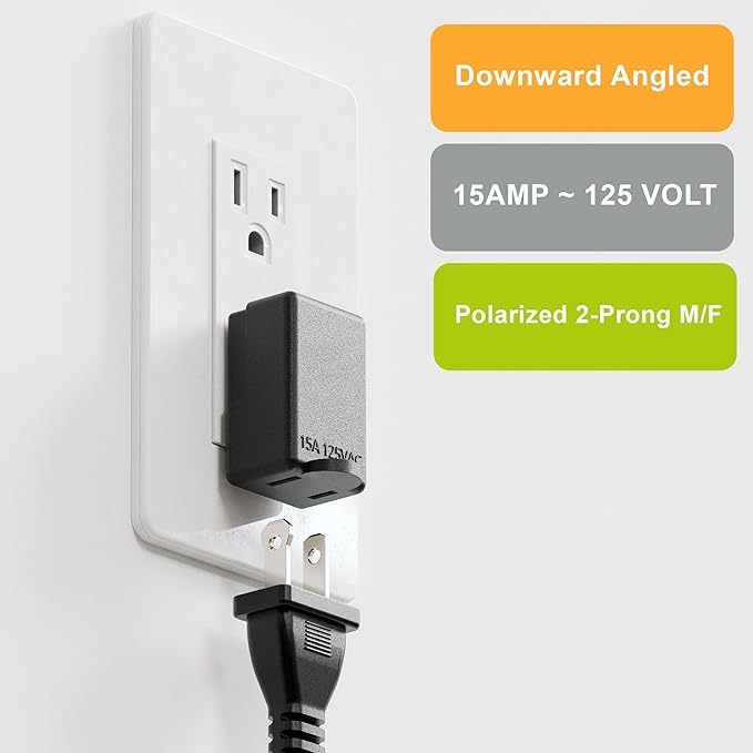 Right Angle Adapter,2-Prong 90 Degree Downward Angled AC Adapter, Polarized 2-Prong L Type Adapter, Vertical Right Angled Down Angle Power Adapter, PA-0502B Black