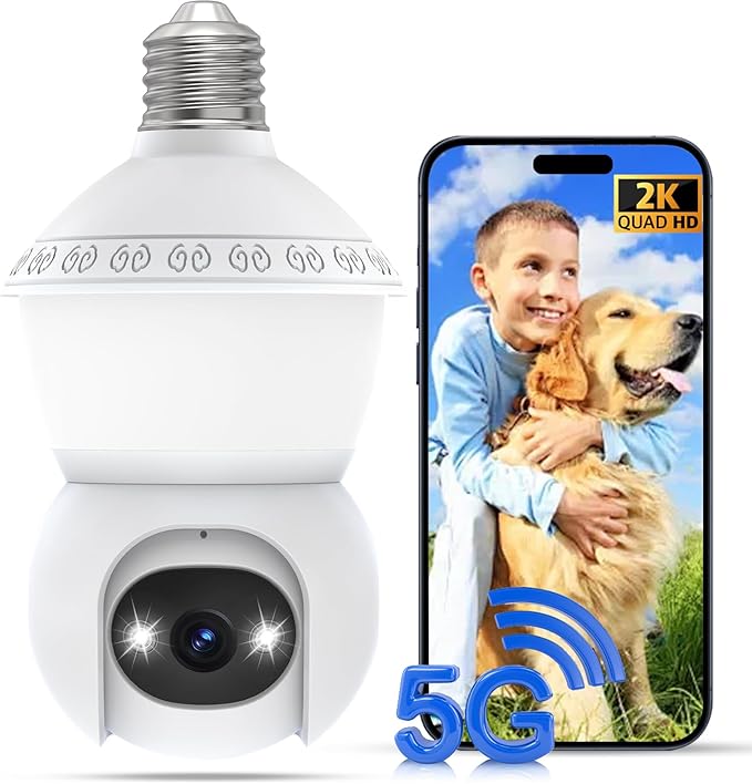 Light Bulb Security Camera,5G& 2.4G WiFi Security Cameras Wireless Outdoor,3MP& 360° PTZ Light Bulb Camera Outdoor, Night Vision, AI Human Detection&Alarm, 2-Way Audio, Cloud Storage