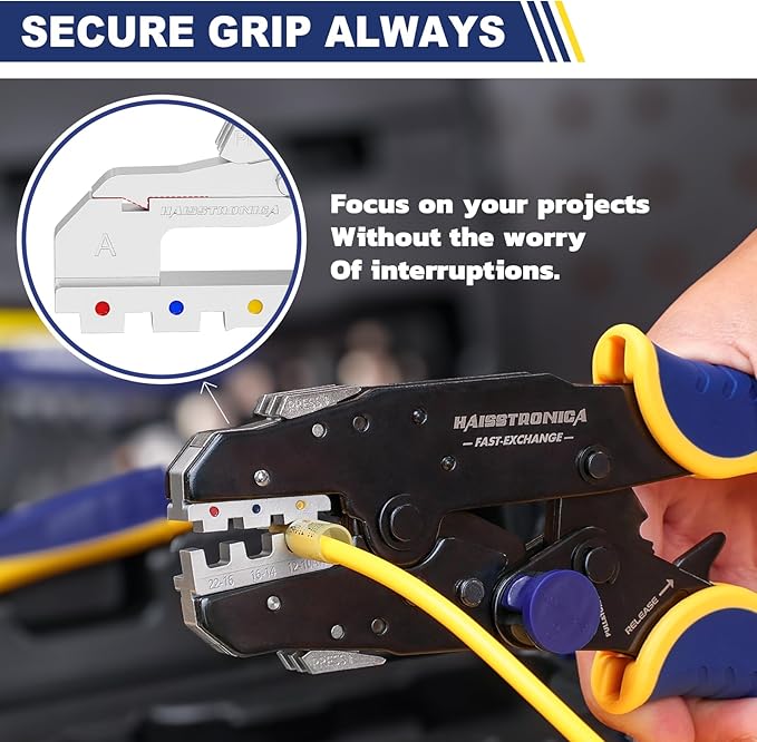 Haisstronica 8PCS Rapid Replace Ratchet Crimping Tool Set with Pressure Regulating, Automatic Wire Stripper Heat Shrink, Non-Insulated, Open Barrel, Solar, Ferrule Connectors