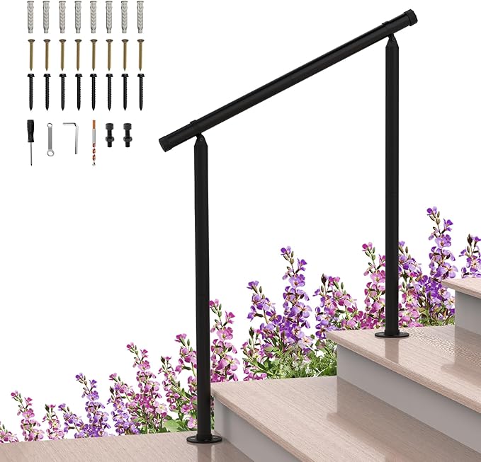 Shinoske Outdoor Handrail,Stair Handrail,Metal Handrails with Installation Kit for Concrete, Porch Steps,One-Step Assembly, Black, 1 Pack, Hand Rails for Outdoor Steps Fit 2 to 3 Steps