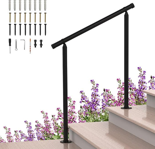 Shinoske Outdoor Handrail,Stair Handrail,Metal Handrails with Installation Kit for Concrete, Porch Steps,One-Step Assembly, Black, 1 Pack, Hand Rails for Outdoor Steps Fit 2 to 3 Steps