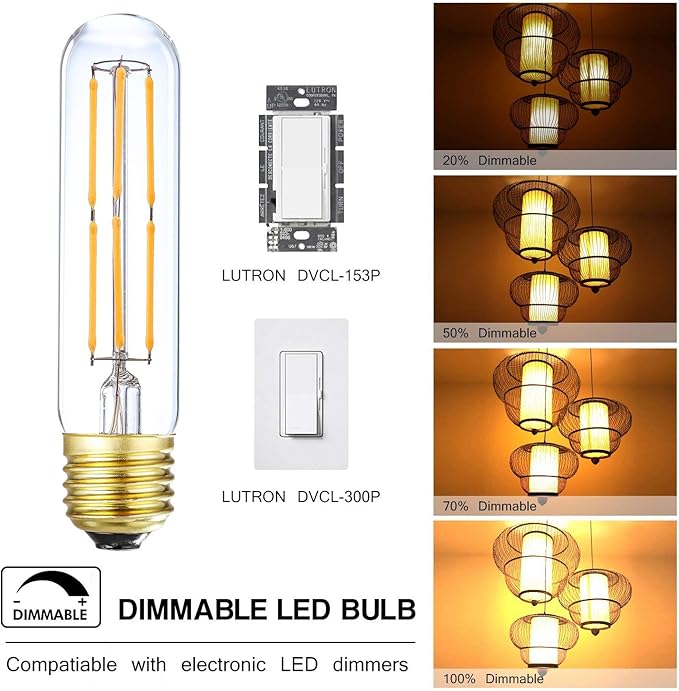Leools T10 Led Bulb,Dimmable Tubular Vintage LED Edison Bulbs 6W,Equivalent 60 Watt,600LM,Warm White 2700K,Clear Glass,E26 Base Bulb, for Cabinet Display Cabinet etc,3 Pack.