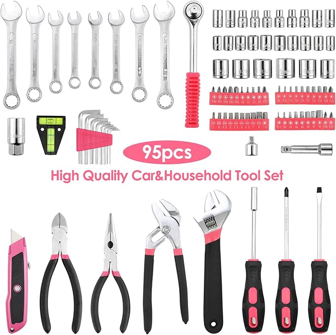 TLGREEN 95 Piece Tool Set, Tool Kit, Mechanics Tool Set, Portable Toolbox with Adjustable Wrench Pliers Socket Bits, with Plastic Toolbox Storage Case, for House Apartment Garage (Pink)