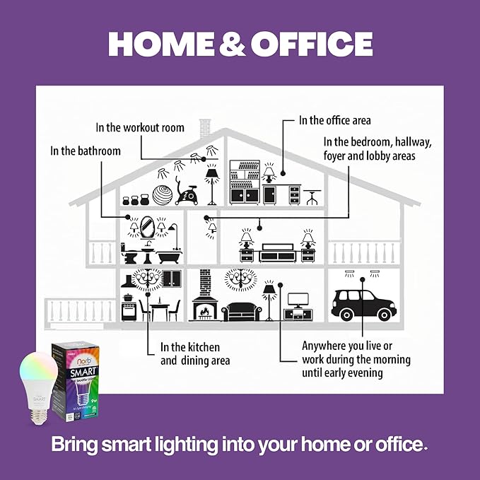 Norb SMART Light Bulb, Tunable Wellness LED, Full Spectrum White & Color Changing, Alexa & Google Home Compatible, No Hub Required, Dimmable, A19, 9W Bulb for Home Automation, WiFi, Bluetooth (4-Pack)