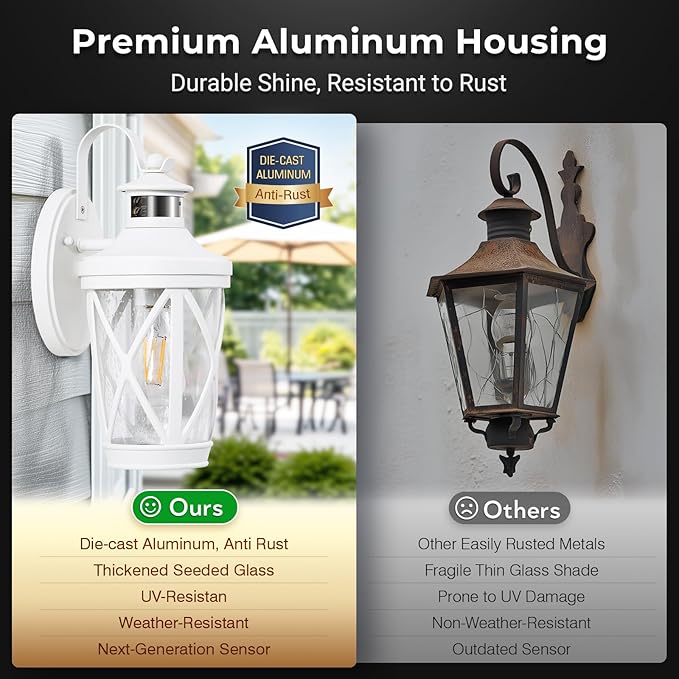 VIANIS Motion Sensor Outdoor Wall Light Fixtures, 2-Pack White Dusk to Dawn Front Porch Lights, Anti-Rust Outdoor Lanterns Wall Mount with Adjustable Sense Range, Exterior Coach Light for Garage