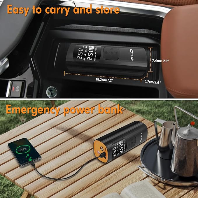 ELZO Tire Inflator Air Compressor, 7500mAh Rechargeable Car Tire Air Pump Portable with Digital Pressure Gauge 150PSI 3X Fast Inflation, Auto Shut Off, Cordless Mini Pump for Motorcycles Bikes Balls