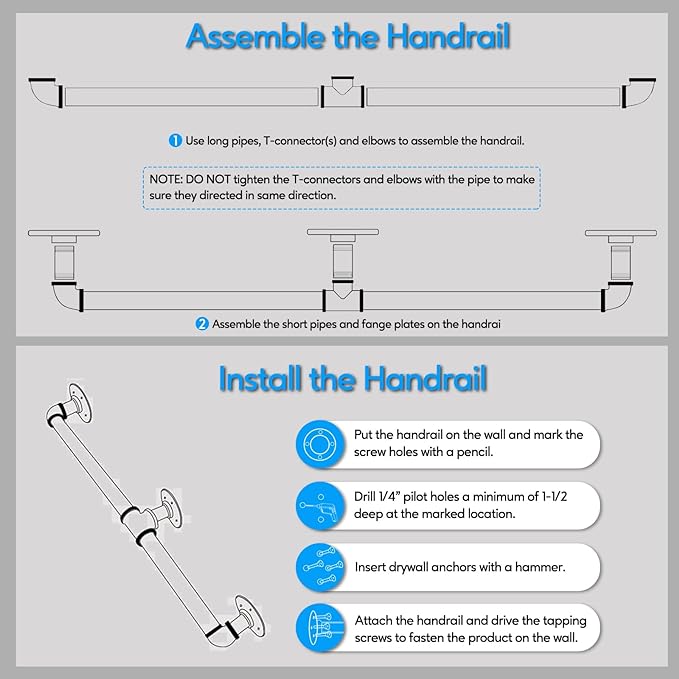Pipe Stair Handrail, 2 Ft Metal Staircase Handrail, Black Galvanized Industrial Iron Hand Rail for Indoor & Outdoor Wall Mount Support, Wall Hand Railing,Safety Handle, Steps Baluster(HR01-1)