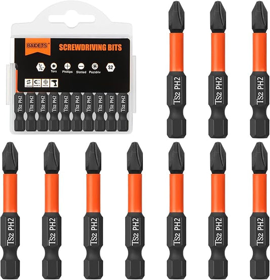 Pro PH2 Screwdriver Bit Set - Phillips Screwdriver 10 pieces, 50mm length, 1/4" hex shank bit assortment, with Storage Box