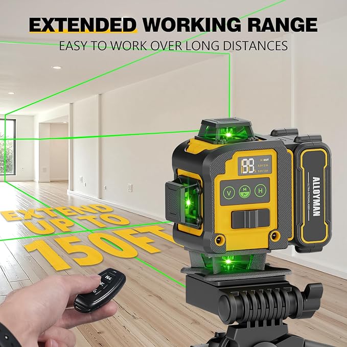 Laser Level with Tripod, Alloyman 4x360° Self Leveling Laser Level, Green Line Laser 4D Laser Leveler Tool with 2Pcs Lithium Batteries for Picture Hanging, Tile, Home Renovation, Indoor