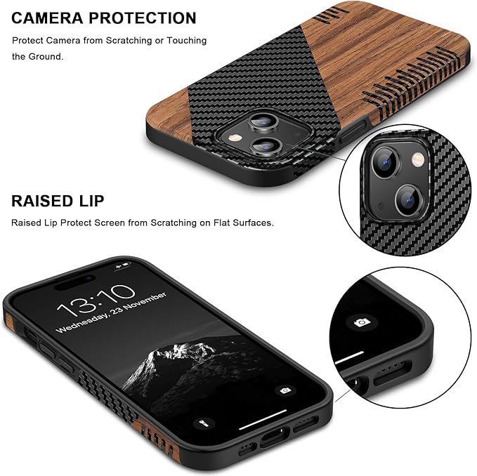 TENDLIN Compatible with iPhone 15 Case Wood Grain with Carbon Fiber Texture Design Leather Hybrid Slim Case (Twill)