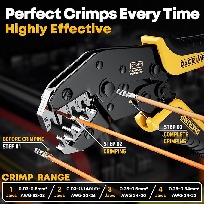 Crimping Tool For JST Electrical Connectors - Ratcheting Wire Crimper - Crimping Pliers - Wire Crimp Tool 32-20 AWG for Dupont, JST-SM, JST-VH, JST-PH, KF2510, AMP EI-Serie, Molex Crimp Tool