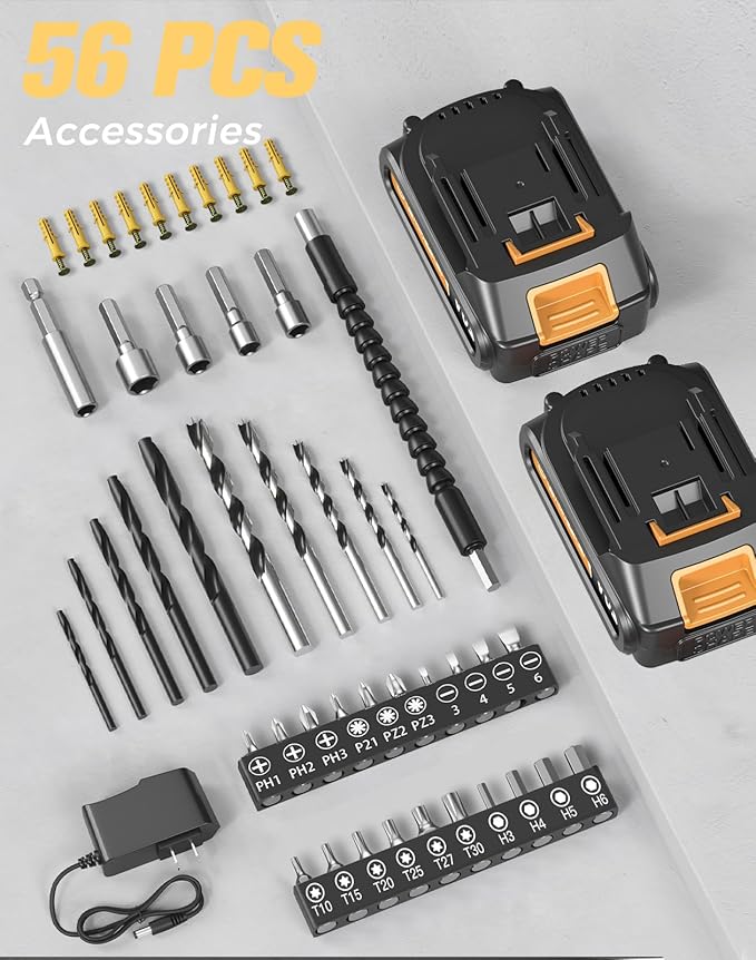 Cordless Drill, 20V MAX Power Drill Set with Dual Power Pack & Charger, 3/8 Inch Keyless Chuck, Variable Speed, 25+1 Position and 56PCS Bits/Screws, Power Tools for Home Projects