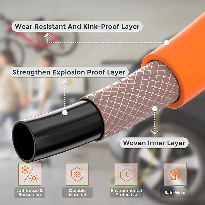 Giraffe Tools Air Hose, 3/8 inch x 25 ft Air Compressor Hose, 1/4 in. MNPT Fittings, Hybrid 300 PSI, Kink Resistant, Lightweight Lead-in Air Hose, All-Weather Flexibility, Orange