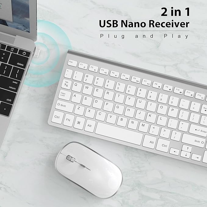 J JOYACCESS Wireless Keyboard and Mouse, Slim Wireless Keyboard Mouse with Numeric Keypad Compatible with iMac Mac PC Laptop Tablet Computer Windows (Silver White)