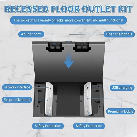 Vagueior Recessed Floor Electrical Outlet Kit,with 4 * 15A Receptacle+1 * 5V 2.1A USB Charging Ports+2-Port RJ45 Datacom Receptacle，Waterproof Electrical Outlet Covcer Box,Black
