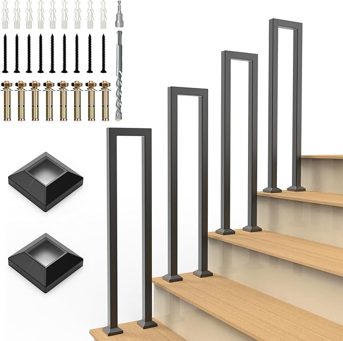 U-Shaped Staircase Handrails for Outdoor & Indoor Steps, Industrial Hand Rail Floor Mounted, Non-Slip Wrought Iron Railing for Porch, Loft, Corridor, Garden (Height: 31.5in) (1 Piece/Set)