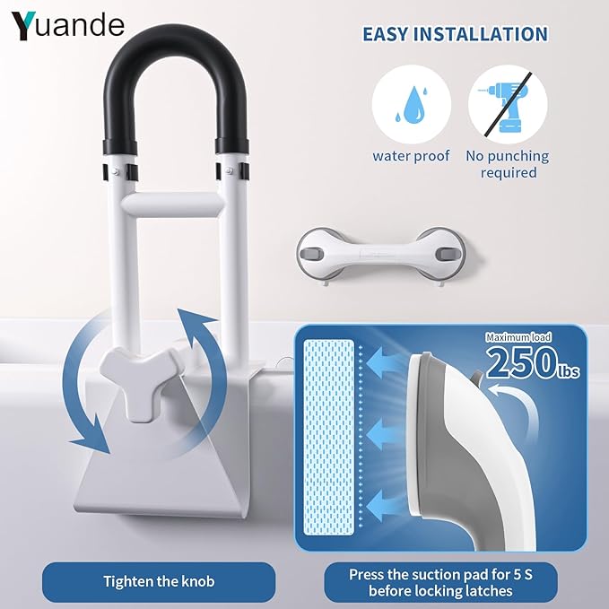Bathtub Grab Bars with Suction Grab Bars, YuanDe 20x6 Inch Adjustable Bathtub Safety Rail Height & Width, Heavy Duty Tub Handle Grab Bar, Bath Handles Clamp for Elderly Seniors Injury Disabled