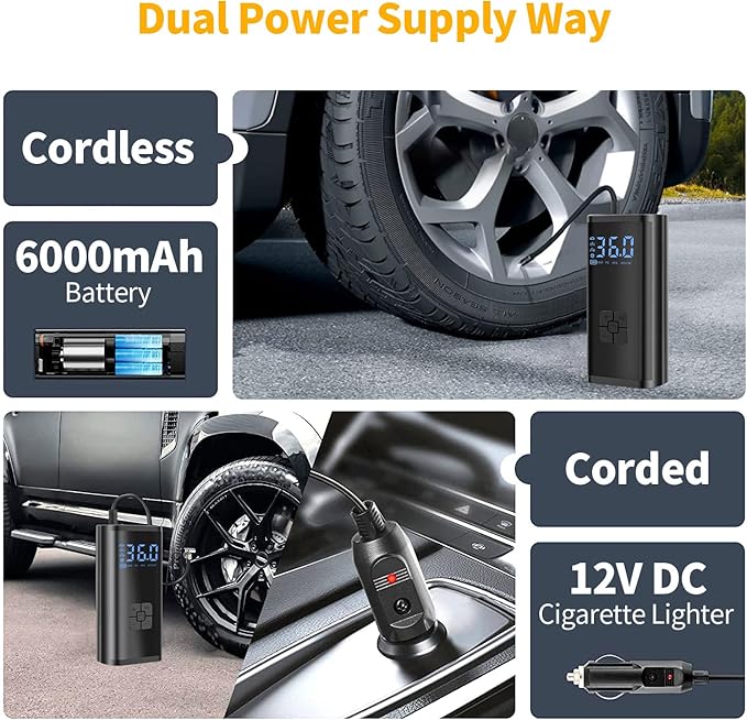 Kairiyard Tire Inflator Portable Air Compressor, 150 PSI Rechargeable Auto Air Pump for Car Tires 12V DC Electric Cordless Tire Pump with Digital Pressure Gauge for Car Motorcycle Bike Ball