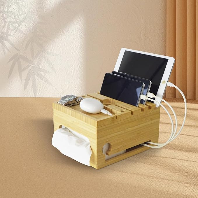 Eco-Friendly Bamboo Device Charging Stasion Organizer - Multi-Devic Manager, Cell Phone Holder and Tissue Box Combination Design - Multi-Device Charging Station, Home Charging Station