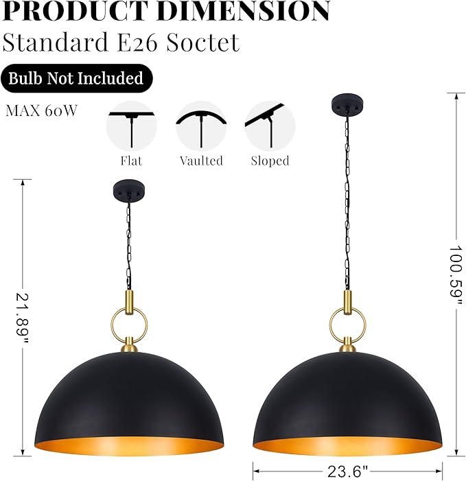 23.6" Farmhouse Pendant Lights for Kitchen Island, Black and Gold Large Dome Pendant Light Fixture Industrial Hanging Lamp for Dining Room Living Room Hallway Bar Bedroom