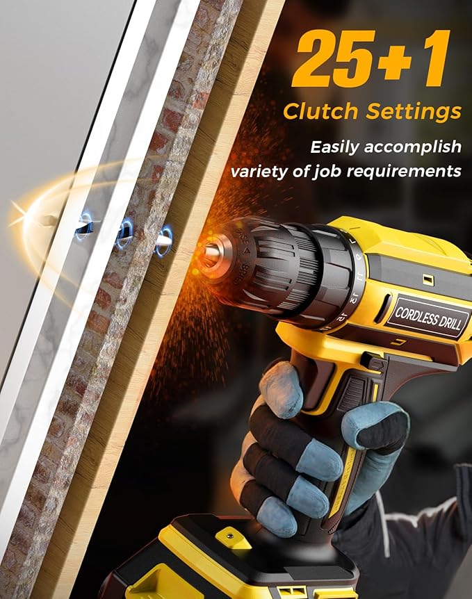 Cordless Drill, 20V MAX Power Drill Set with Dual Power Pack & Charger, 3/8 Inch Keyless Chuck, Variable Speed, 25+1 Position and 56PCS Bits/Screws, Power Tools for Home Projects