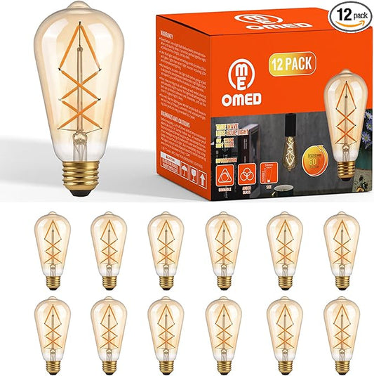OMED Dimmable LED Vintage Edison Bulbs, ST64 2700K Soft White Fishbone Filament Antique Edison Bulbs Whit E26 Base 60 Watt Equivalent, 6W 600LM Old Fashioned Amber Glass Spiral Light Bulbs 12 Pack
