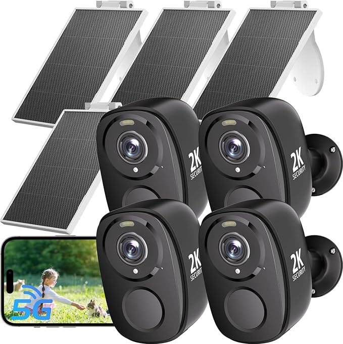 2.4&5ghz WiFi Solar Security Cameras Wireless Outdoor,2K QHD Home Security System, 4 Cameras Kit with 130° Ultra-Wide View, 2-Way Talk, IP65,Color Night Vision, Spotlight & Siren (4, Black)