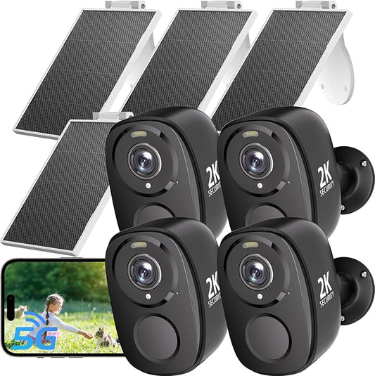 2.4&5ghz WiFi Solar Security Cameras Wireless Outdoor,2K QHD Home Security System, 4 Cameras Kit with 130° Ultra-Wide View, 2-Way Talk, IP65,Color Night Vision, Spotlight & Siren (4, Black)
