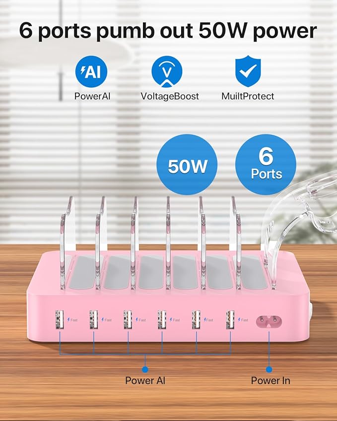 SooPii Premium 6-Port USB Charging Station Organizer for Multiple Devices, 6 Short Charging Cables and One Upgraded i-Watch Charger Holder Included, for Phones,Tablets and Other Electronics, Pink
