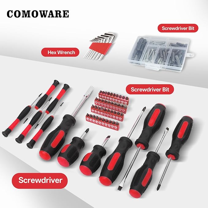 COMOWARE 218 Pcs Home Tool Kit - Basic Household Hand Tool Set, Truck Tool Kit Socket Wrench Combination Tool Set for Home with Plastic Toolbox Storage Case, Rv tool set，Red