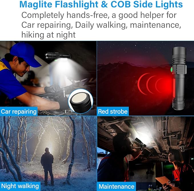 USB Rechargeable Flashlight, LED Magnetic Flashlights Super Bright Tactical Flashlights with Cob Sidelight Waterproof Zoomable 6 Modes USB Rechargeable for Camping Emergency