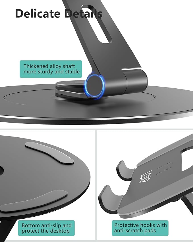 Ultra-Stable Swivel Laptop Stand for Desk with 360 Rotating Larger Base, Military-Grade Aluminum Anti-Loosening Structure - Height Adjustable Laptop Stand Suitable for 10-17.3 inch