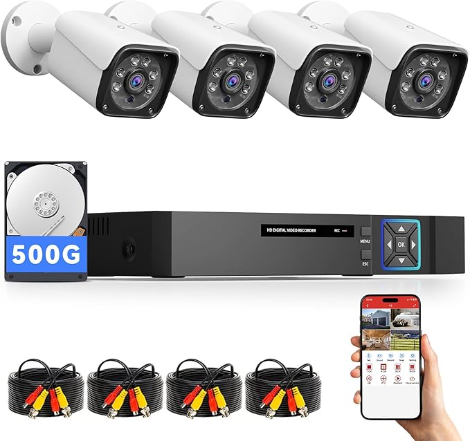 Wired Security Camera System Outdoor, 4CH 5MP Lite AHD DVR with 500G Hard Drive, 4 x 3MP Wired CCTV Camera, Indoor/Outdoor Surveillance DVR Kit with Human Detection, Night Vision