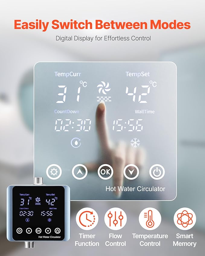 VEVOR Digital Smart Instant Hot Water Recirculating Pump Kit, with Built-in Thermostat, Timer, Digital Screen, Under Sink Recirculation Circulation Circulator Pump System, for House Water Heaters