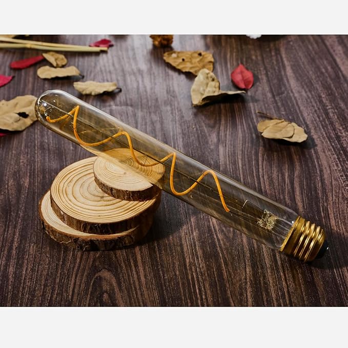 Leools Vintage LED Spiral Filament Bulb T10, 8.9inch Long Tubular Dimmable Edison Light Bulbs,E26 Base,Amber Glass,Warm White,2200K, 400LM(40W Equivalent), Pack of 4