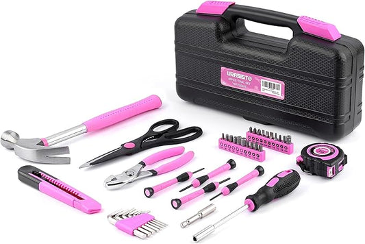 40-Piece Home Tool Kit with Easy Carrying Box, Small Basic Hand Tool Set Perfect for DIY Building, Home Maintenance and Woodworking, Great for College Students - PINK