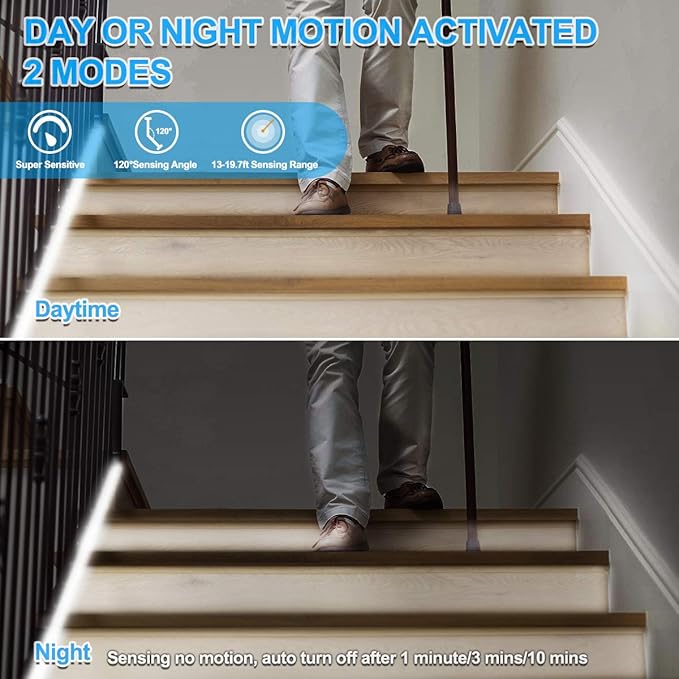 MY BEAUTY LIGHT Motion Activated LED Strip Lights, 65.6ft LED Light Strip with Day or Night 2 Lighting Modes,3 Timing Off Modes,Bright White 24v Plug-in LED Rope Lights for Under Cabinet,Kitchen,Room